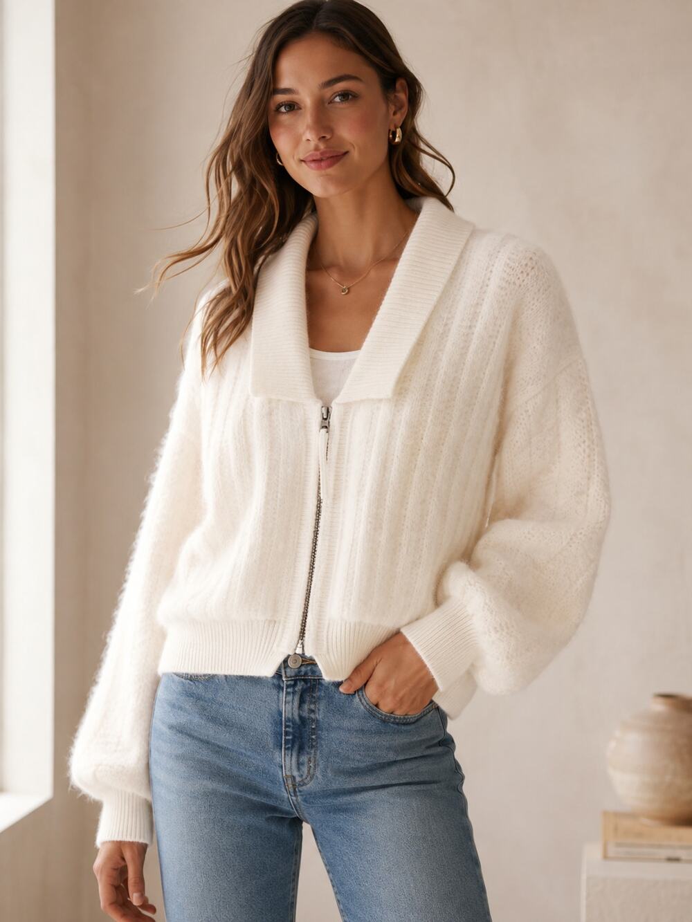 By Anthropologie SZ L Zip-Up Brushed Sweater Cardigan Wool Blend Soft Ivory $168
